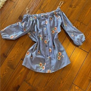 Blue Off-Shoulder Puff Sleeve Blouse